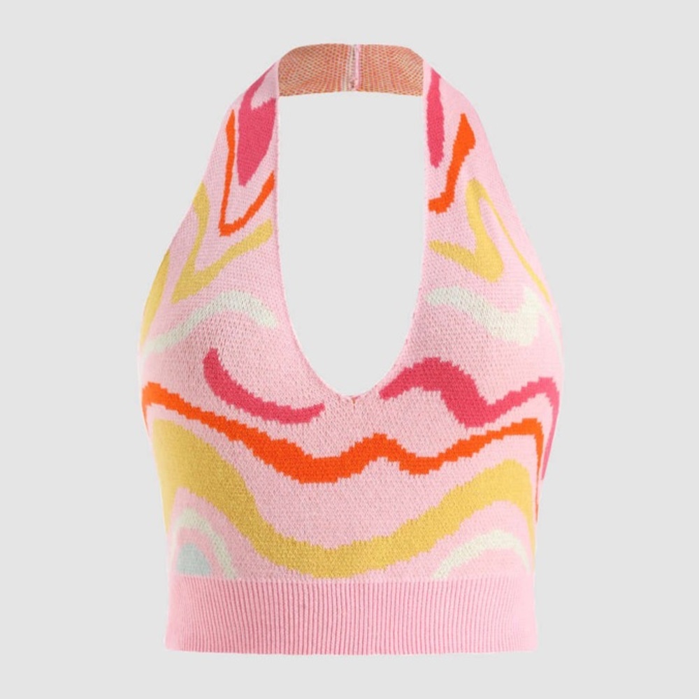 Multicolor Pastel Knit Halter Crop Top Pink Yellow Red White